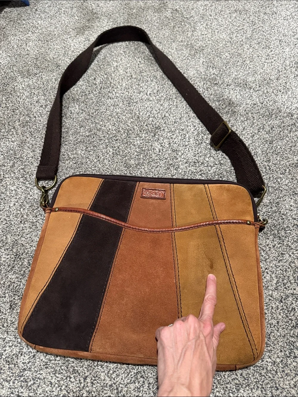 Suede Patchwork Messenger or Lap top Bag in Brown/Tan